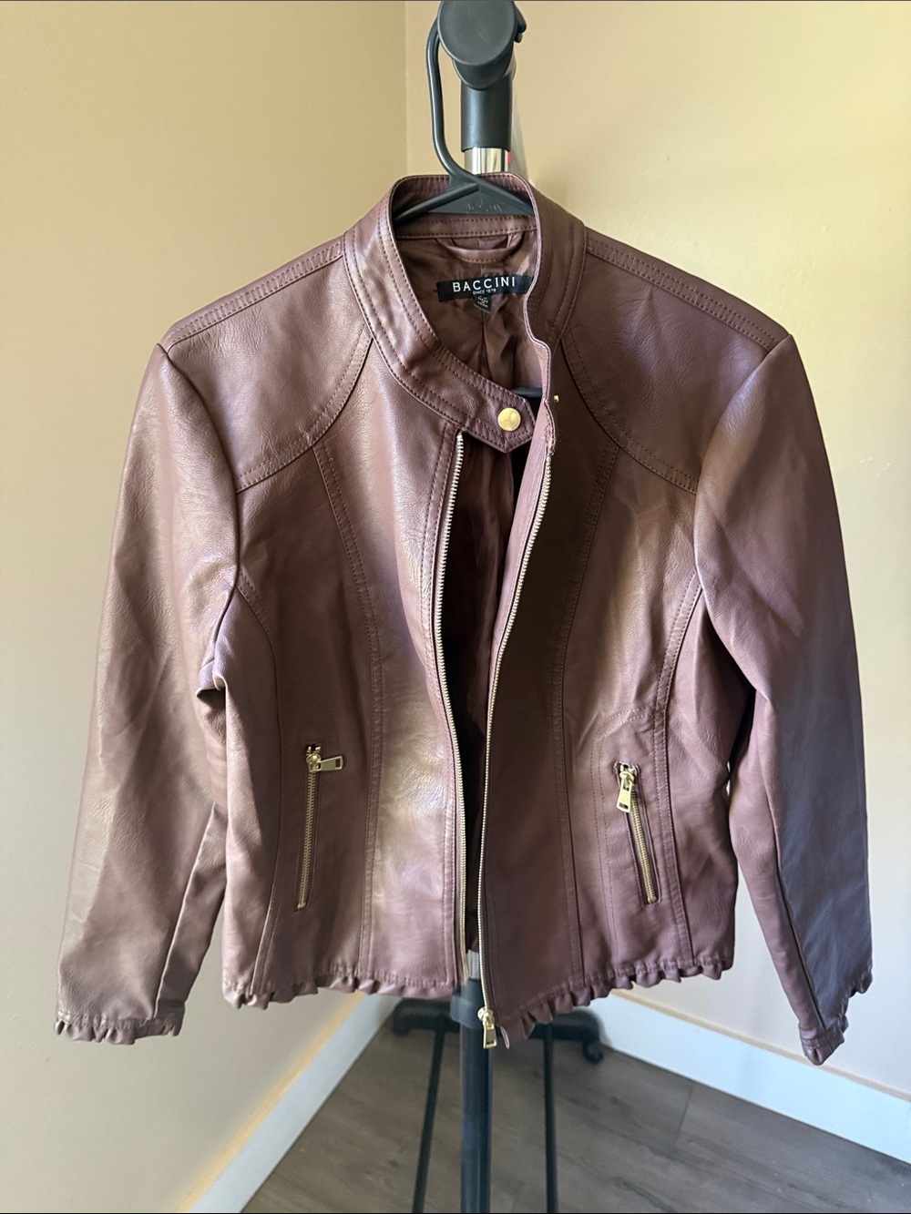 Baccini Mauve Brown Faux Leather Moto Jacket